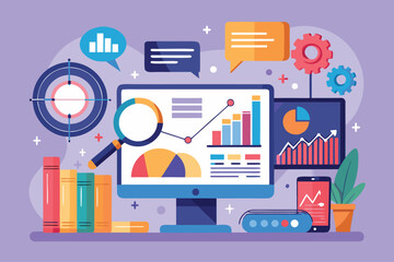 Data analysis in marketing research with visualizations and tools displayed on a desktop computer in a creative workspace setting