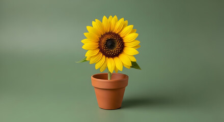 Obraz premium Brilliant Golden Sunflower in a Rustic Terracotta Pot Against Serene Green Backdrop, Symbolizing Natural Growth and Vitality
