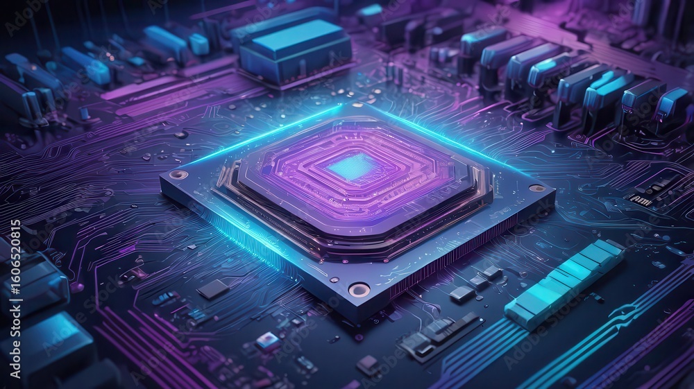 Poster a close up view of a glowing central processing unit on a complex circuit board with purple and blue
