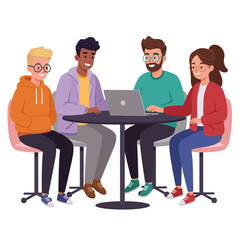 Obraz premium Four Diverse Individuals Collaborating Around a Round Table with Laptop Computer