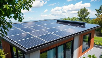 Fototapeta premium Sleek solar panels seamlessly integrated onto a modern, sustainable home's roof, house, home improvement