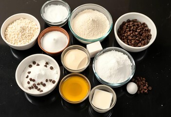Small bowls of flour, sugar, chocolate chips, and other baking ingredients arranged on a dark countertop,  photography,  background