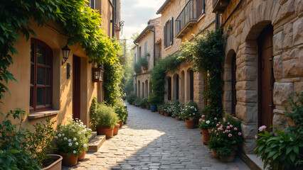 Fototapeta premium quaint cobblestone alleyway. charming flower-lined streets. beautiful hidden pathways. picturesque city scenes.