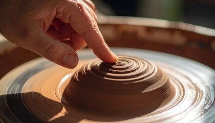 Close-Up of Finger Creating Spiral Groove on Wet Clay Pottery