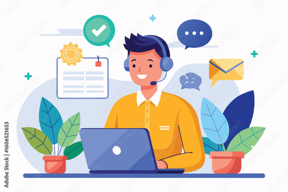 Poster customer support representative engaging with clients through live chat while working in a modern of
