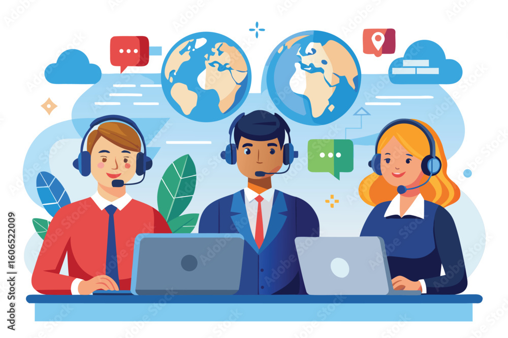 Poster customer service hotline operators assisting clients with inquiries from diverse locations around th