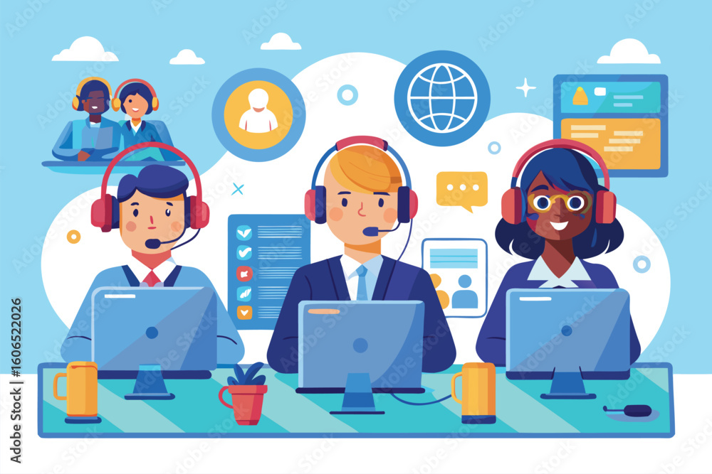 Poster customer service hotline operators assist clients from an office with vibrant graphics and technolog