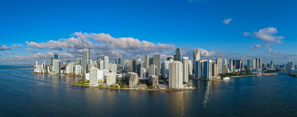 Panorama of Miami skyline. Panorama cityscape of Brickell Miami. Panoramic top view of Brickell. Panorama of the Miami financial district. Panorama aerial of Brickell in Miami Beach.