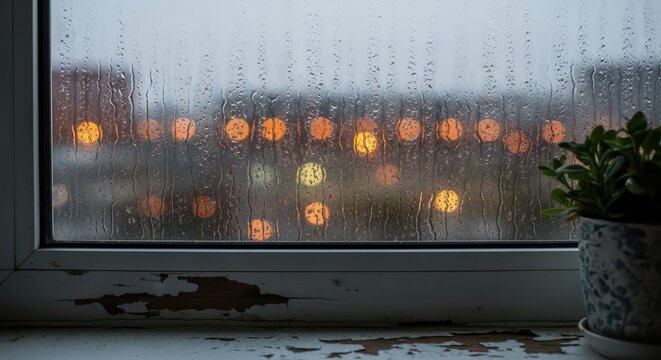 Rainy window with lights