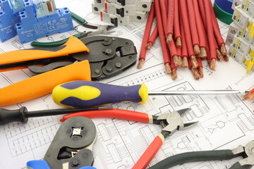 Electrical Installation Tools and Materials for Electrical Switchboard Assembly. 