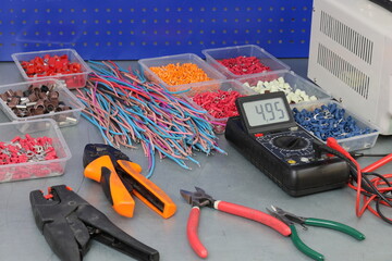 Electrical Installation Tools and Materials for Electrical Switchboard Assembly. 