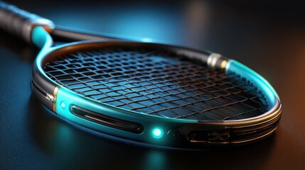 Innovative tennis racket design showcasing LED features and sleek contours in a dark setting
