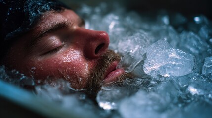 Man submerged in ice bath for recovery in a tranquil setting at dawn facing health and wellness challenges
