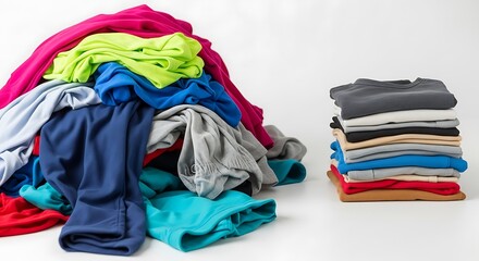 A colorful pile of clothes contrasted with a neatly stacked collection.