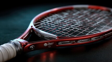 Red tennis racket placed on a dark surface with a focus on strings and frame design