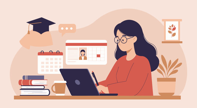 A young woman working on a laptop, surrounded by educational and organizational tools, suggesting online learning or remote work.