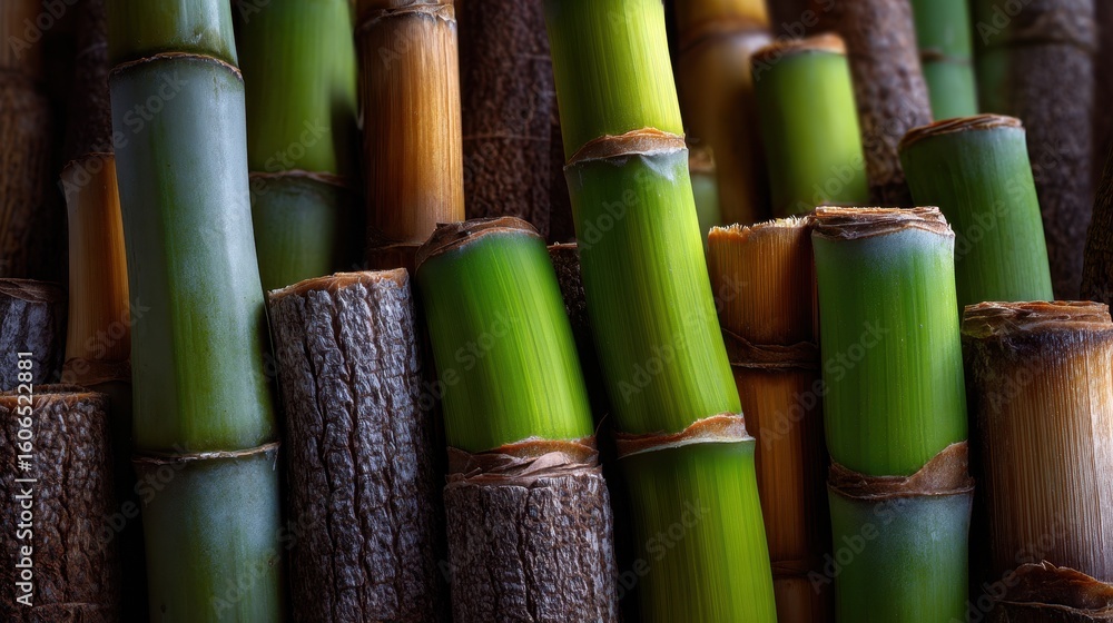 Poster bamboo stalks with varying textures and colors displayed under soft light in a natural setting