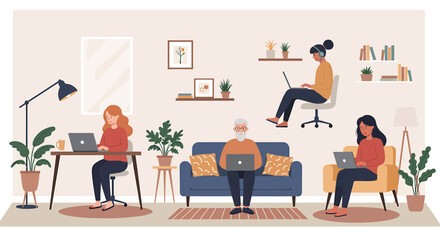 Fototapeta premium Illustration of four people working remotely on laptops in a cozy, well-lit living room setting with plants and decorative elements.