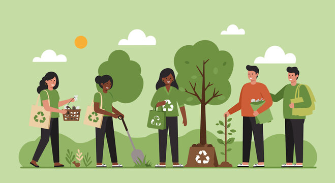 Diverse group of volunteers planting trees and recycling in a park, promoting environmental sustainability. - Powered by Adobe