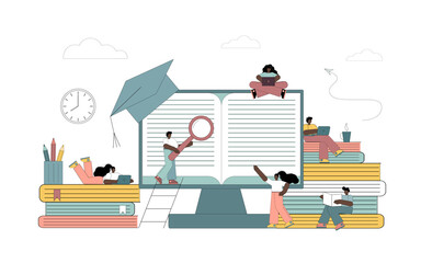 E-learning, online education at home. Little people study, engage in self-education, read books, visit an electronic library. Vector illustration on a white background.