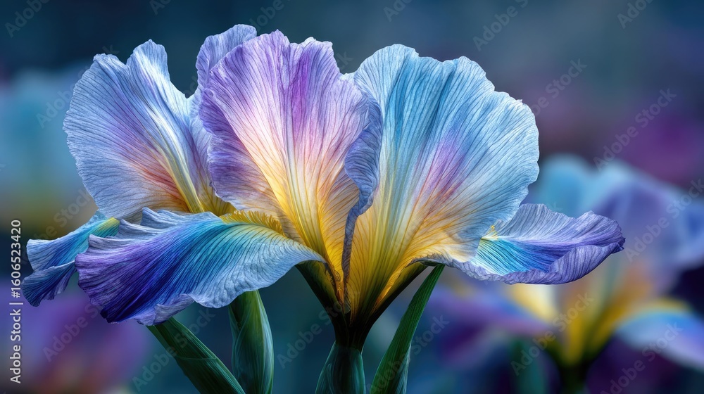 Poster iris cascade in minimal movement concept. elegant iris flowers with vibrant colors against a soft ba
