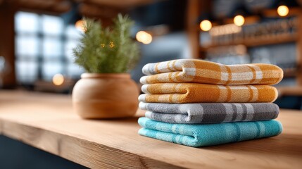 Colorful towels stacked neatly on a wooden table in a cozy cafe with warm lighting