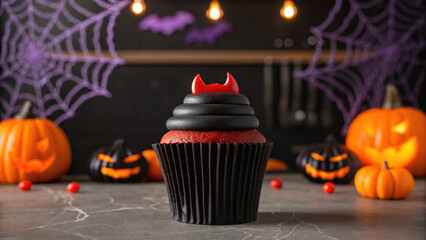 Halloween mockup scene with spooky decorations. Spooky Halloween cupcake with black frosting, devil horns, and festive decorations including pumpkins and spider webs.
