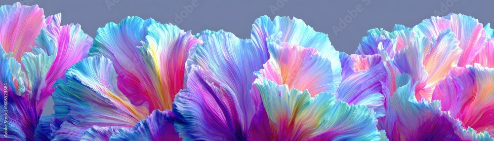 Poster iris cascade in minimal movement concept. vibrant flower petals displaying a rainbow of colors and t