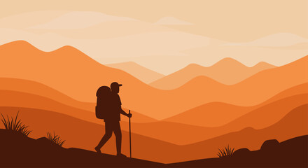 Silhouette of a hiker with a backpack and walking stick trekking through a mountainous landscape at sunset.