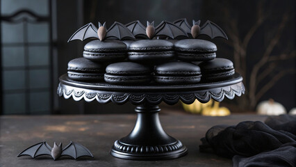 Halloween mockup scene with spooky decorations. Black macarons topped with bat decorations, showcased on an elegant cake stand in a spooky setting.