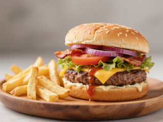 Close-up of Juicy Cheeseburger with Bacon & Fries