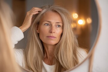 Fototapeta premium A Middle-Aged Woman Runs Her Fingers Through Her Long Blonde Hair, Looking in a Mirror - Hair Care and Self-Reflection.
