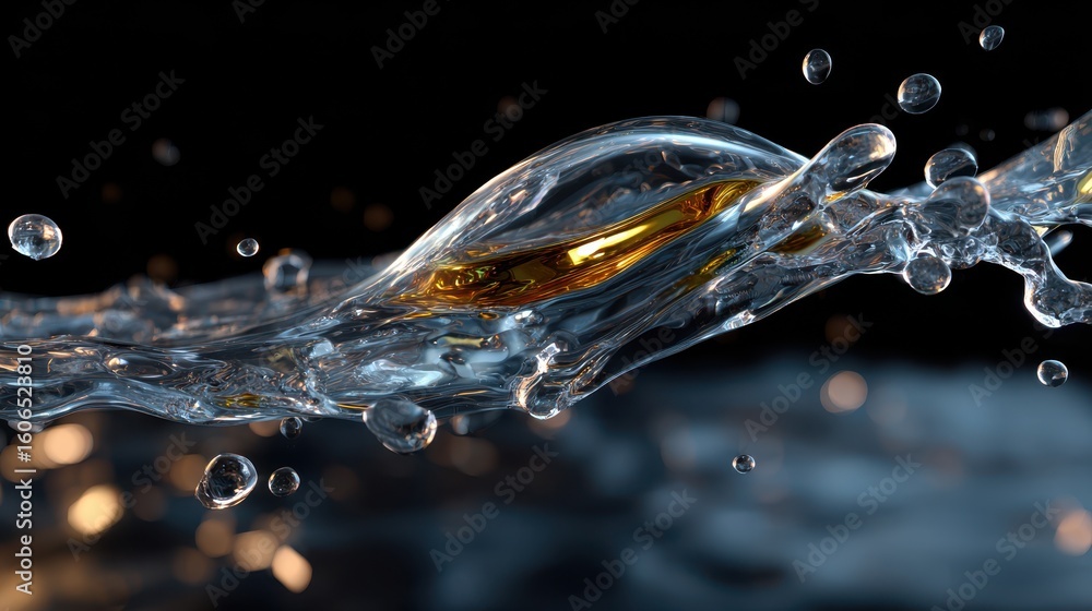 Poster dynamic splash of clear water with golden highlights captured in a creative studio setting