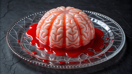 Halloween mockup scene with spooky decorations. A realistic brain-shaped dessert on a decorative plate, oozing red syrup.