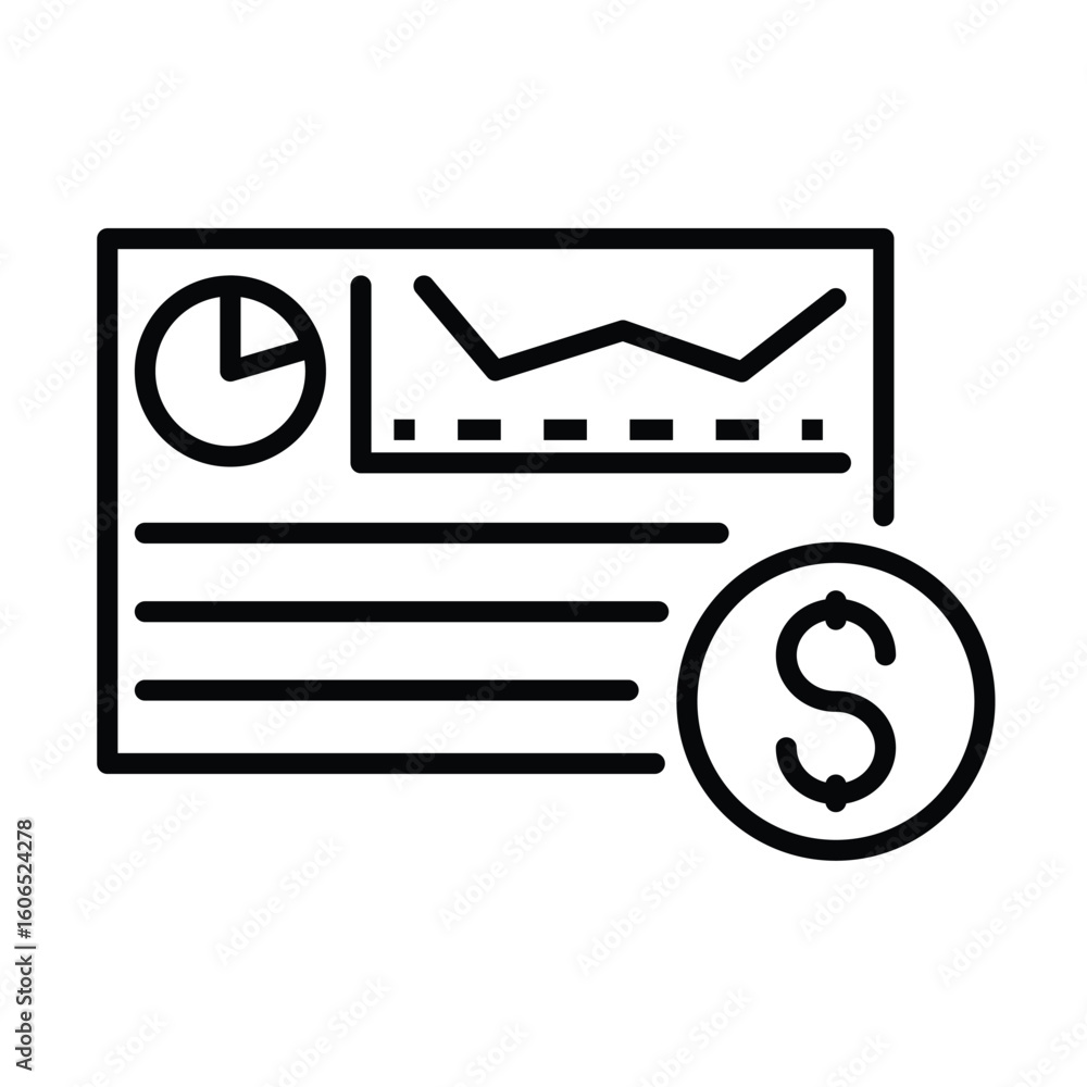 Poster a financial report containing a graph pie chart lines and a dollar sign in the lower right corner