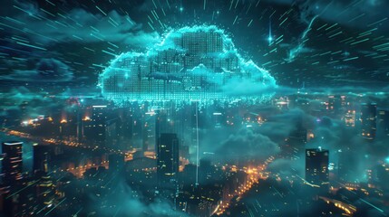A futuristic cityscape at night, with a digital cloud emanating from it