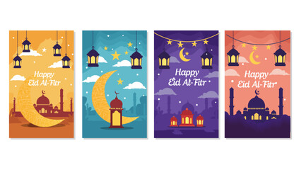 Fototapeta premium Four Festive Happy Eid al-Fitr Illustrations with Mosques, Crescent Moons, and Lanterns