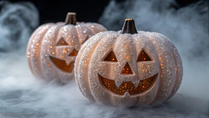 Halloween mockup scene with spooky decorations. Sparkling Halloween pumpkins emerge from mist, adding a touch of magic to the spooky season.