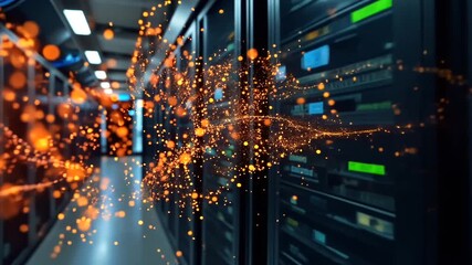 Data center server room with orange digital data flow visualization, a futuristic network and big - Powered by Adobe