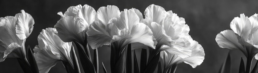 Iris cascade in minimal movement concept. Elegant black and white tulips showcasing delicate petals.
