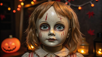 Halloween mockup scene with spooky decorations. Haunting doll with eerie features, surrounded by Halloween decorations and a glowing pumpkin.