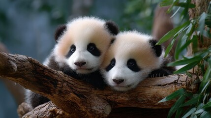 Two playful panda cubs resting on a branch in a serene habitat during the afternoon sun in a wildlife sanctuary