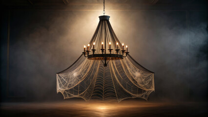 Halloween mockup scene with spooky decorations. A chandelier designed with a web-like structure, creating an eerie, atmospheric effect.