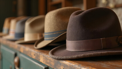 vintage hats collection. charming millinery shop. ultra realistic hat display. unique vintage hat styles.