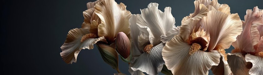 Iris cascade in minimal movement concept. Elegant flowers showcasing delicate petals in soft lighting.