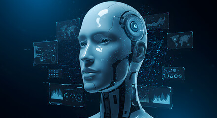 Futuristic AI Mind with Holographic Data Processing Screens