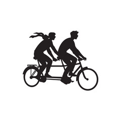Tandem cycling couple silhouette. Silhouette of two riders pedaling a tandem bicycle.