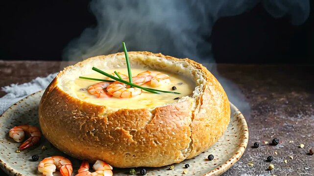 A steaming bowl of shrimp chowder served in a rustic bread bowl on a textured surface