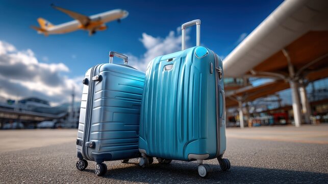 Travelers prepare for departure at airport with luggage waiting near terminal and airplane taking off in background