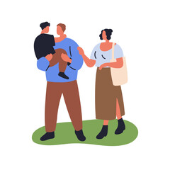 Family walking outdoors. Dad, mom and boy kid. Mother, father holding child in arms. Parents and son strolling together, standing on grass. Flat vector illustration isolated on white background